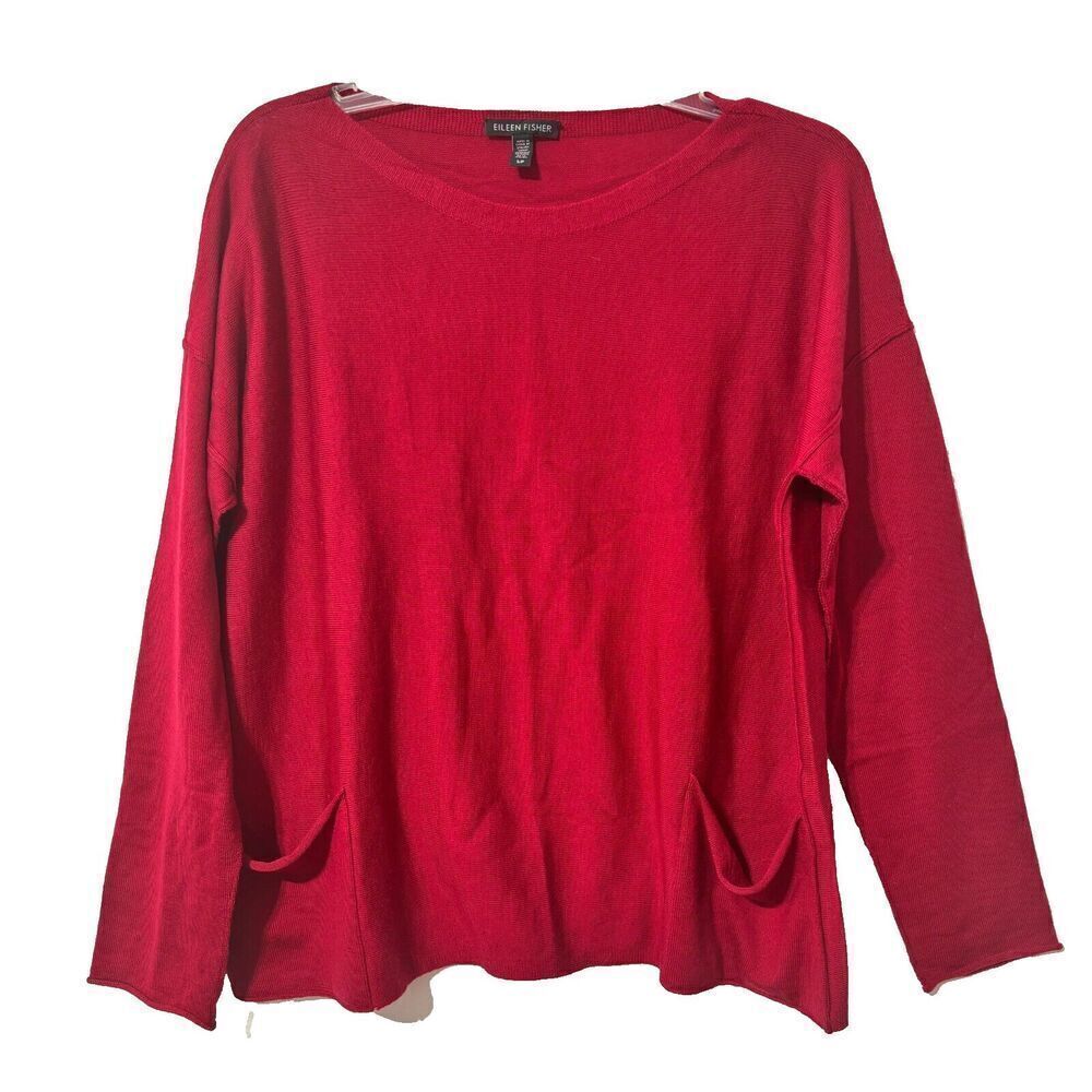 Eileen Fisher Womens Ripped Blouse Top Red Small Long Sleeve Pullover Round Neck